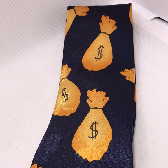 Money Bags Cash Coins Bank Financial Men’s Tie Nay Blue Orange - Picture 6 of 6